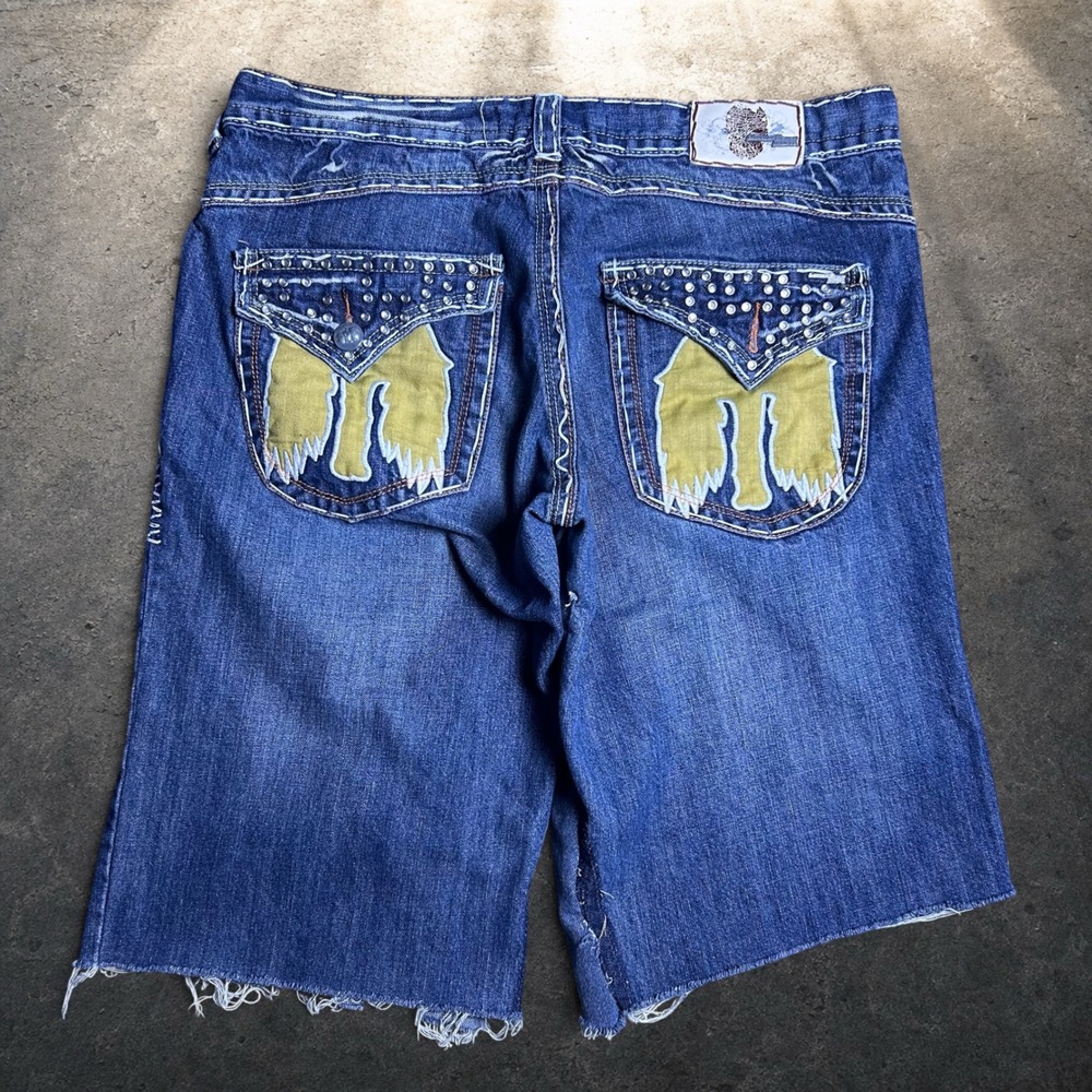Laguna Beach Jean Co Blue Denim Skater Shorts Studded Wing Pocket Size 38 Y2K